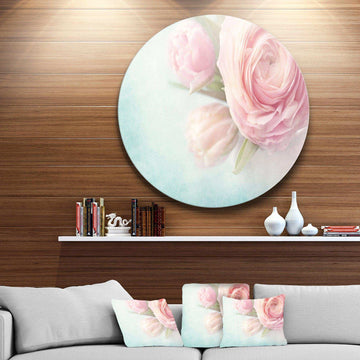 Pink Flowers against Blue Background - Floral Round Metal Wall Art